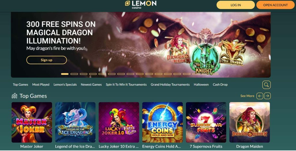 Screenshot of the Leon Casino website homepage featuring games, promotions, and user navigation options.
