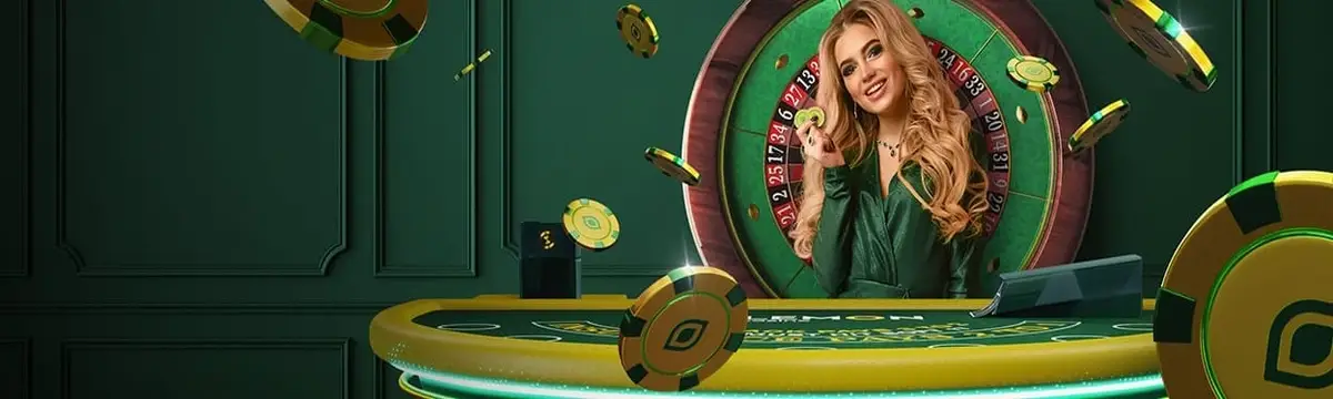A woman focused on playing casino games at a green table, surrounded by chips and cards.